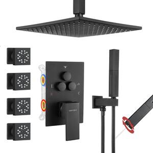 Single Handle 3-Spray Shower Faucet 1.8 GPM 10 in. Square Ceiling Mounted with Pressure Balance in Matte Black with 4Jet