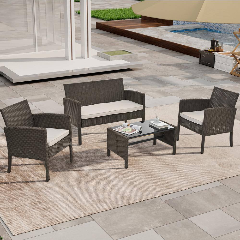 JimsMaison 4-Pieces Wicker Patio Conversation Sets with Beige