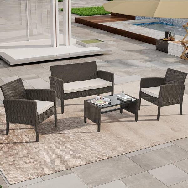 JimsMaison 4-Pieces Wicker Patio Conversation Sets with Beige Cushions