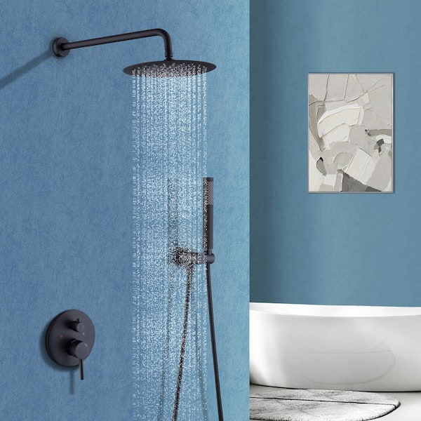 2-Handle 2-Spray Rain Shower Faucet and Hand Shower Combo Kit with Round Shower Head in Matte Black (Valve Included)