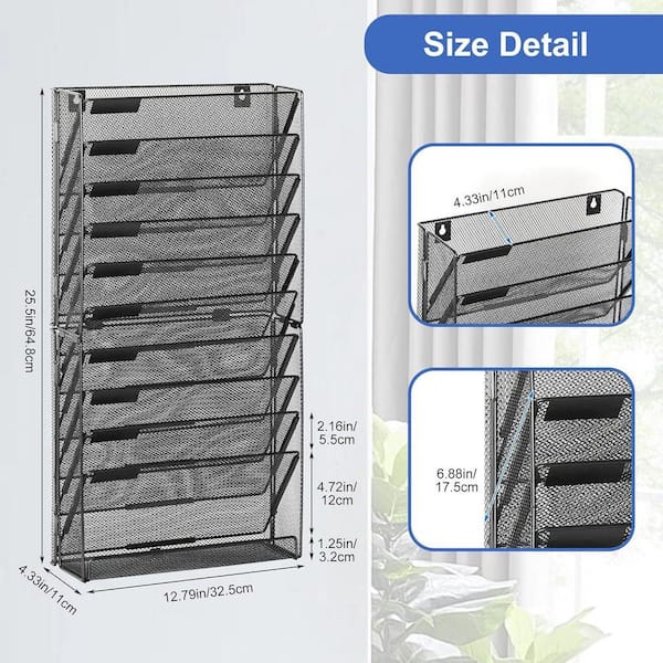 10-Tier Metal Mesh Wall Mounted Hanging Magazine Rack with Flat