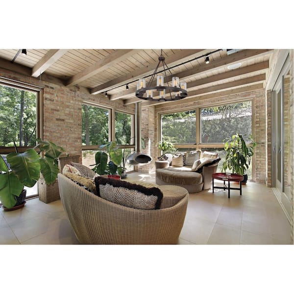 Inman 32 in. W x 27.63 in. H 8-Light English Bronze Outdoor Chandelier with Clear Cylindrical Glass Shades