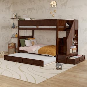 Dover Walnut Brown Solid Wood Frame Twin Over Twin Staircase Bunk Bed with Storage Drawer and Twin Trundle