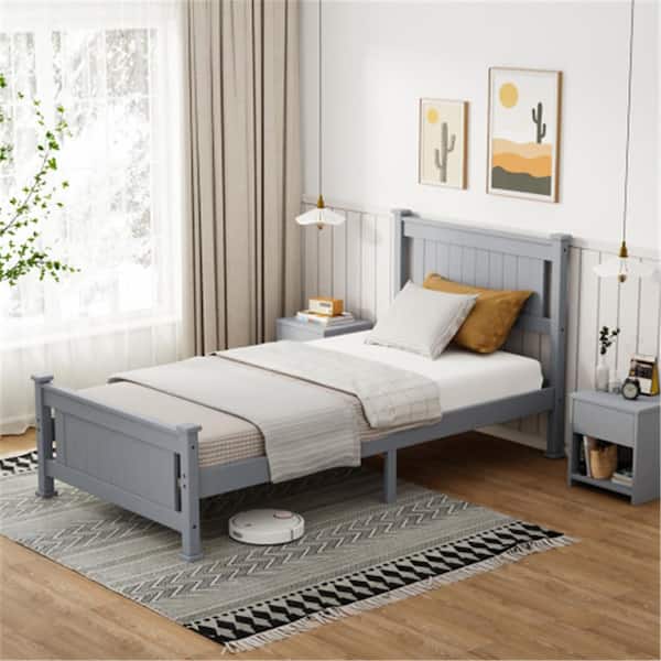 Karl home Gray Wood Bed Frame Twin Size Platform Bed with Headboard Weight Capacity 330 lbs.