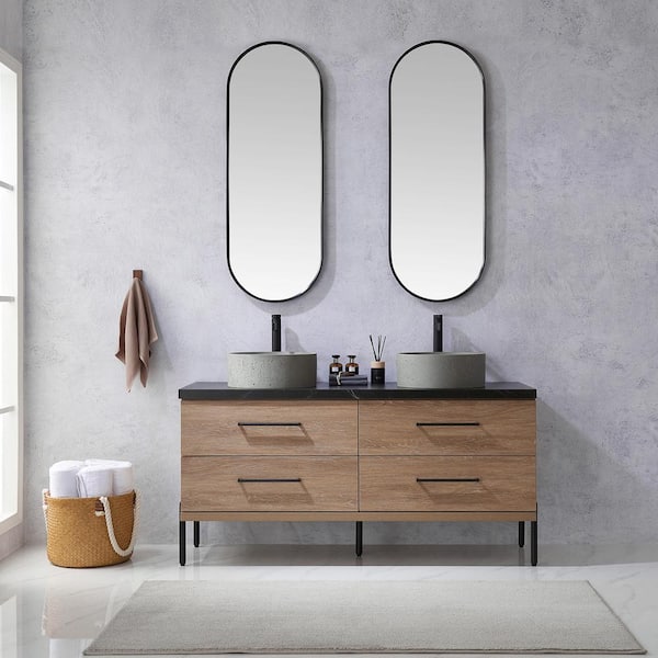 ROSWELL Trento 60 in. W x 21.7 in. D x 35.8 in. H Double Sink Bath Vanity in North Oak with Black Sintered Top