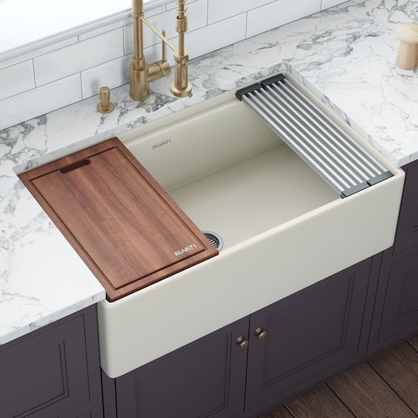 Fiore 33 in. Apron-Front Farmhouse Single Bowl Fireclay Workstation Kitchen Sink in Biscuit