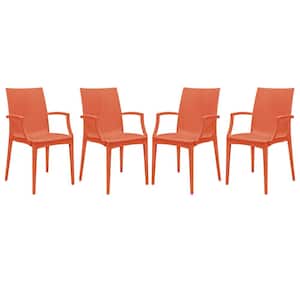 Orange Mace Modern Stackable Plastic Weave Design Indoor Outdoor Dining Chair with Arms (Set of 4)