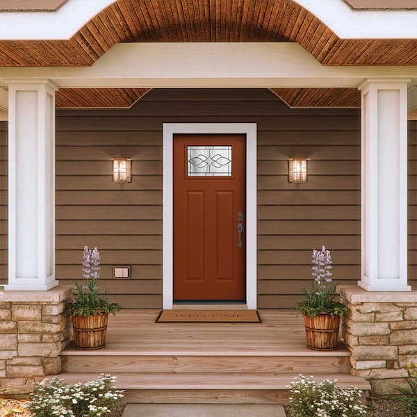 36 in. x 80 in. Left-Hand/Inswing Craftsman Carillon Decorative Glass Mesa Red Steel Prehung Front Door