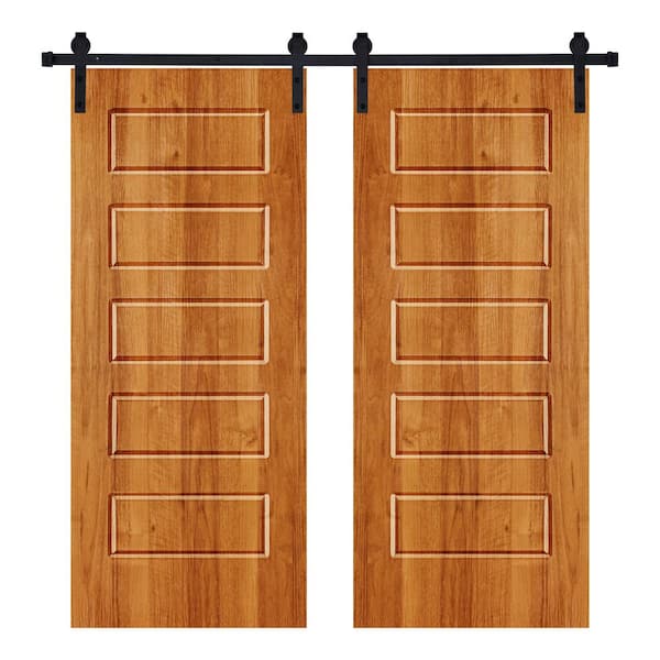 Modern 5 Panel Designed 84 in. x 84 in. Wood Panel Colony Maple Painted Double Sliding Barn Door with Hardware Kit