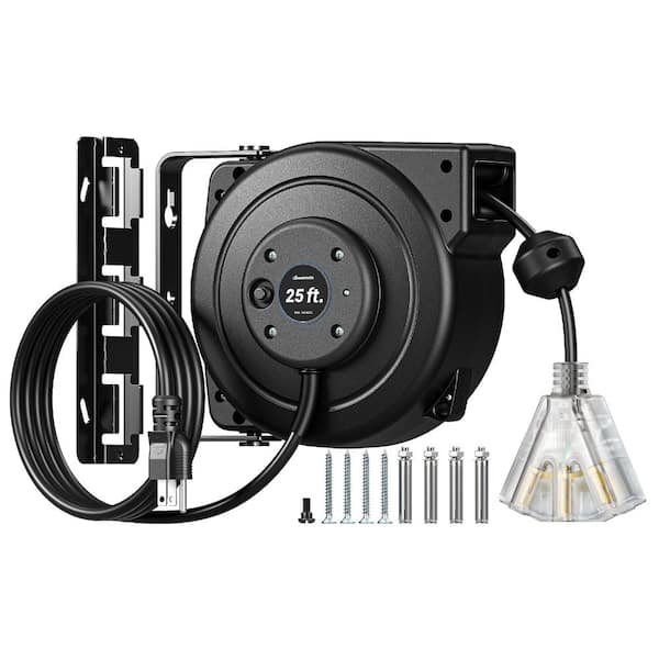 25 ft. 14/3 SJTOW 13 Amp Retractable Extension Cord Reel with 3 Grounded Outlets and Lighted Triple Tap, Black