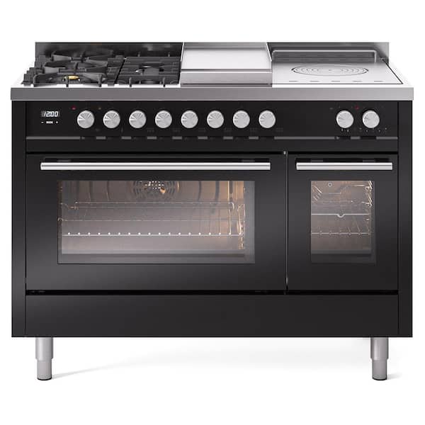 ILVE Professional Plus II 48 in. 5-Burner French top Griddle Freestanding Double Oven Dual Fuel Range in Black