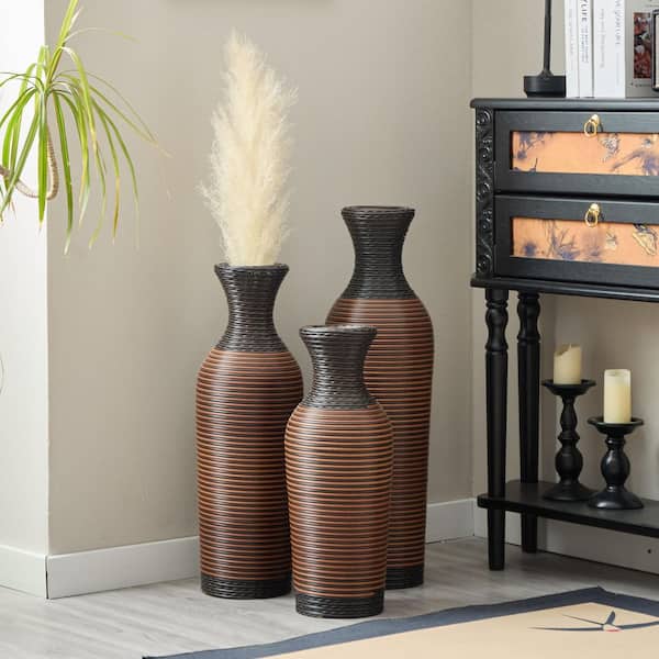 20 /24 /28 in. Brown Bottle PVC Floor Vase Trio Modern Textured Tall Vases Home Decor (Set of 3) Artificial Plant Stands