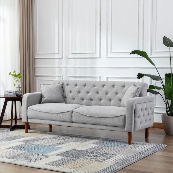 Kinwell 78 In Wide Square Arm Polyester Mid Century Modern Straight Tufted Sofa With Pillows Gray Hx2047gy The