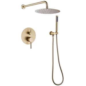 Dual Shower 1-Handle 2-Spray Head Wall Mount Fixed and Handheld Shower Head 2.5 GPM Rain Shower Faucet in Brushed Gold