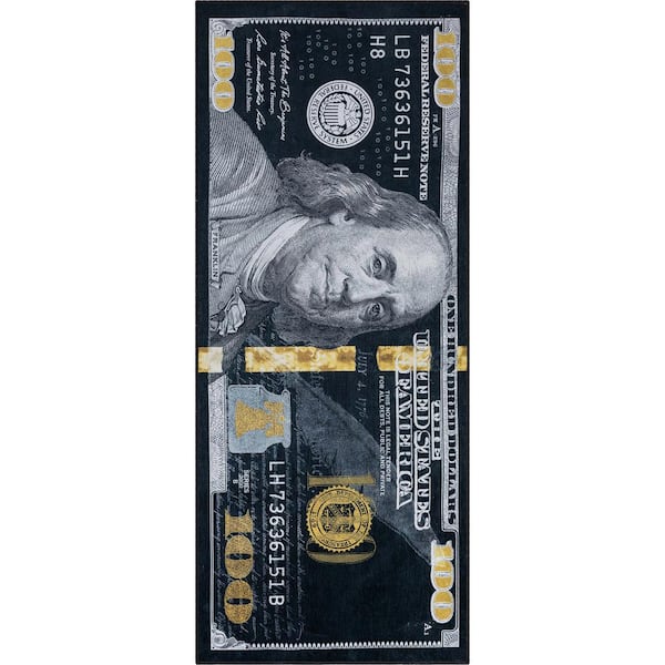 Well Woven Money Dollar Front Novelty Printed Black Gold 3 ft. 11 in. x 9 ft. 10 in. Runner Area Rug