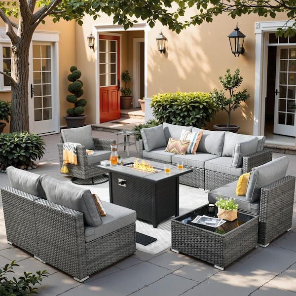 Sanibel Gray 10-Piece Wicker Patio Conversation Sofa Set with a Swivel Chair, a Metal Fire Pit and Dark Gray Cushions