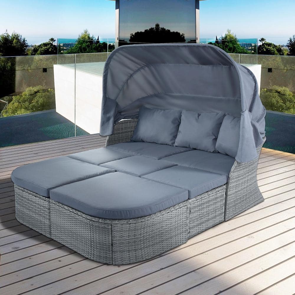 Tunearary Gray Wicker Outdoor Day Bed Sunbed Furniture Sofa Set with ...