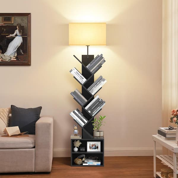 BICIK 63 in. Modern Black Standard Dimmable Tree Bookshelf Floor Lamp for Living Room with Color Temperature and Fabric Shade