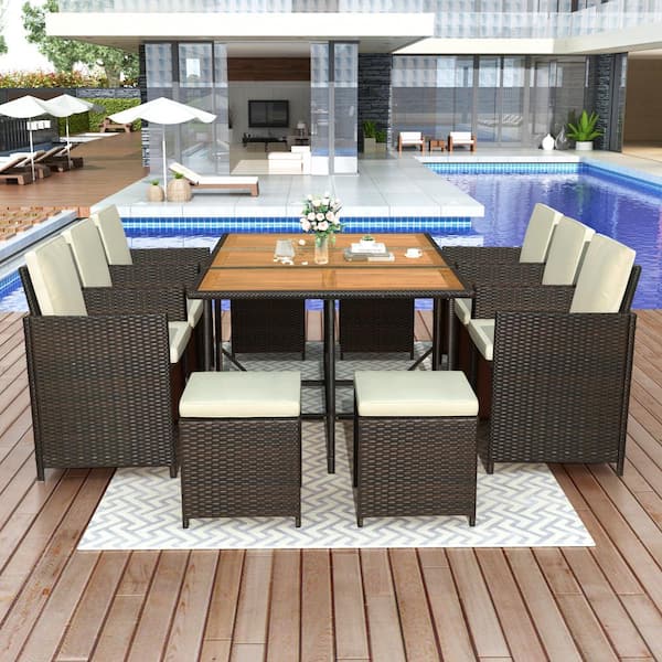 Unbranded 11-Piece All Weather PE Wicker Patio Outdoor Dining Table Dining Set with Wood Top, Brown Rattan+Beige Cushions