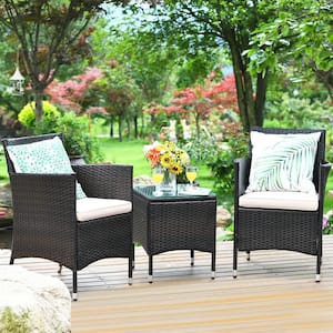 3-Piece Wicker Patio Conversation Set with Beige/Tan Cushions