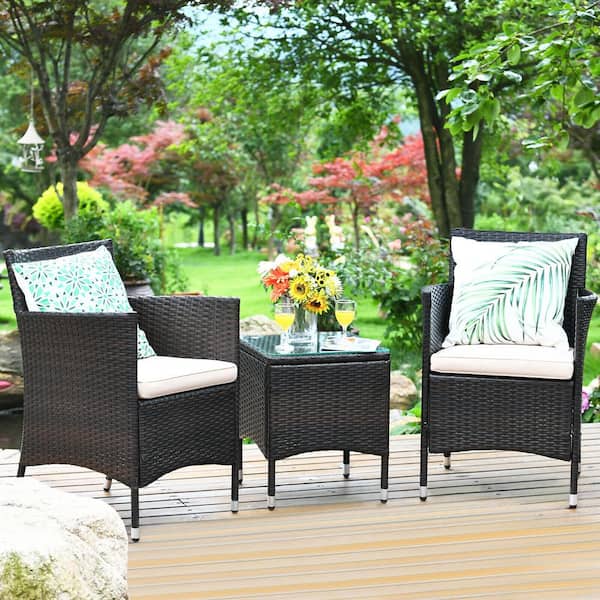 Costway 3-Piece Wicker Patio Conversation Set with Beige/Tan Cushions