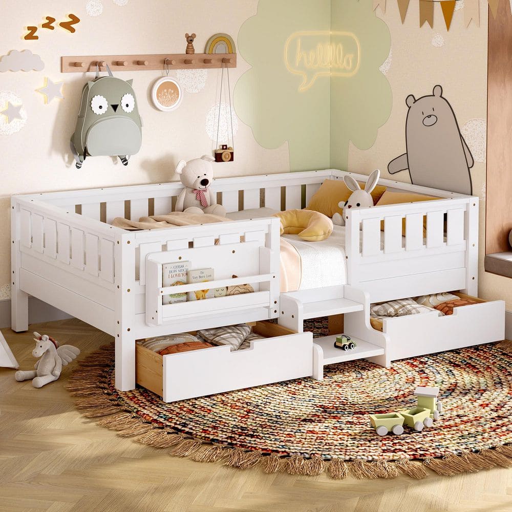 White Twin Platform Bed with Safety Staircase and Rails, Built-in Bookshelves and 2 Drawers