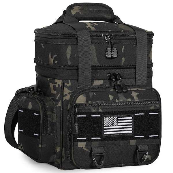 Black Camo Tactical Lunch Bag with Double Deck Cooler Compartments, Strap, Pockets, Water-Resistant Oxford