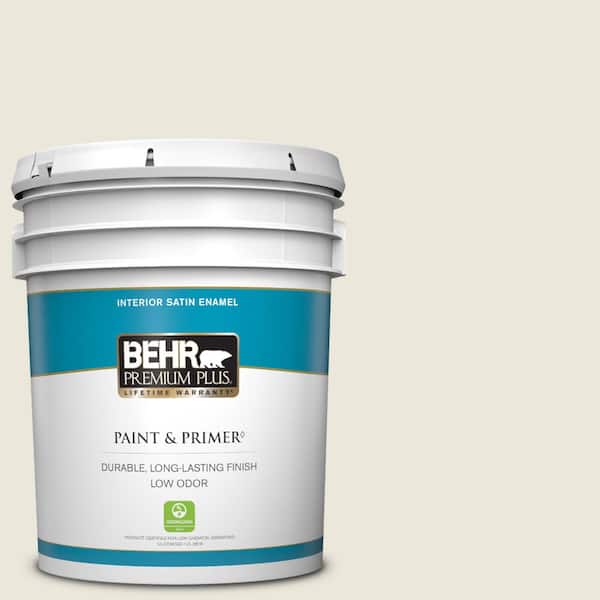 BEHR PREMIUM PLUS 5 gal. #BXC-32 Picket Fence White Satin Enamel Low Odor Interior Paint & Primer