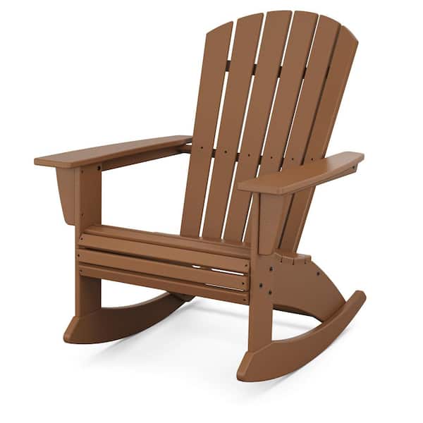 POLYWOOD Nautical Curveback Teak HDPE Plastic Adirondack Outdoor Rocking Chair
