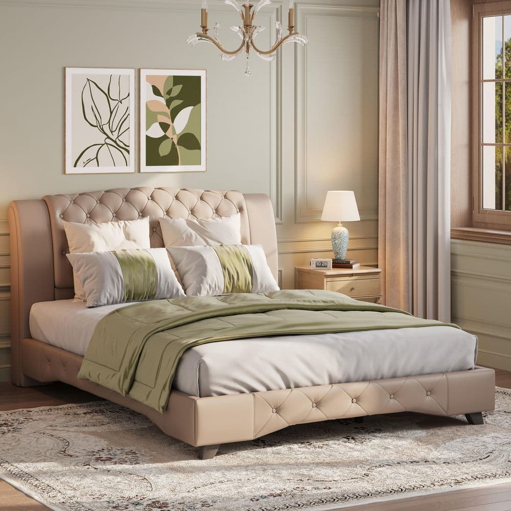 Arvenor French Brown Wood Frame King Platform Bed with Button Tufted PU Faux Leather Upholstered Tall Headboard price history on PriceWatchPro