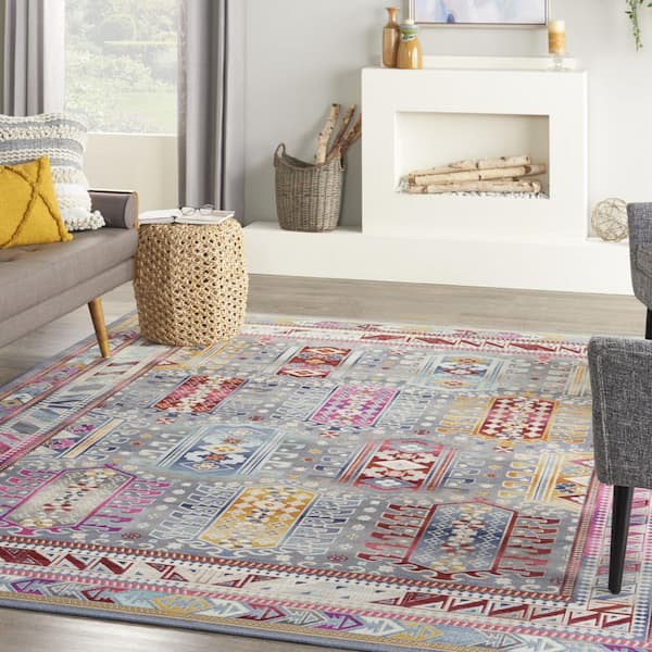 8' X 10' Ivory Gray And Red Floral Distressed Non Skid Area Rug