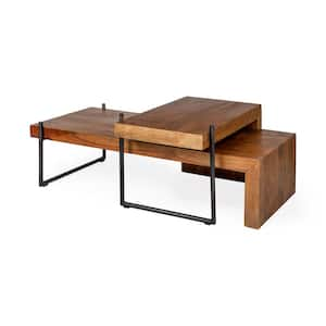 Maddox 56 in. Brown Large L-Shaped Wood Coffee Table with Nesting Tables