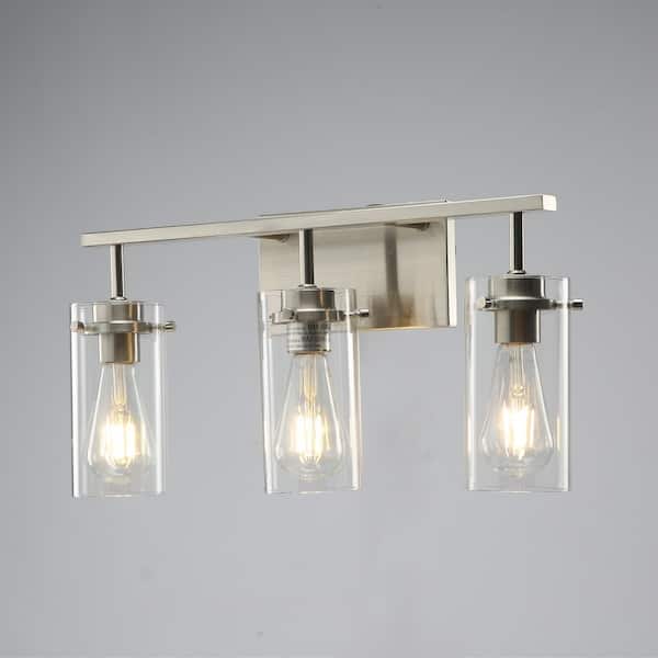 20.1 in. 3-Light Brushed Nickel Bathroom Vanity Light with Clear Glass Shade, No Bulbs Included