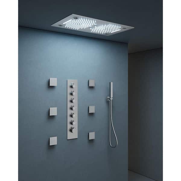 Bluetooth Music and LED Mood Lighting 6-Spray 28 in. x 16 in. Ceiling Mount Dual & Hand Shower 2.5 GPM in Brushed Nickel