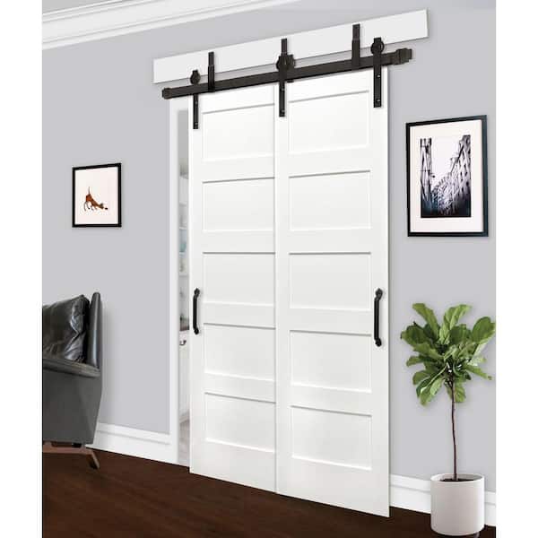 48 in. x 80 in. Bypass Unfinished 5-Panel Solid Core Primed Pine Wood Sliding Barn Door with Bronze Hardware Kit