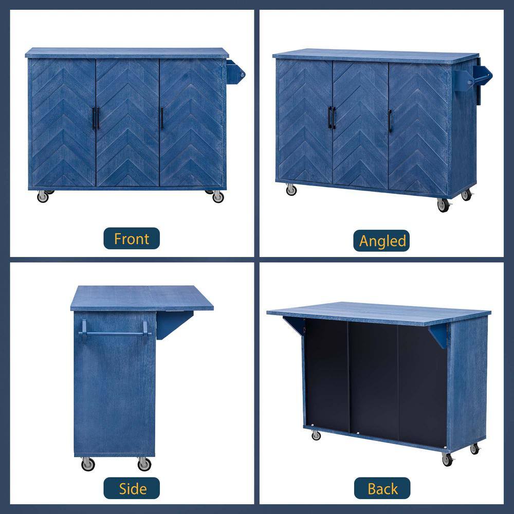 Navy Blue Wood 51.2 in. Farmhouse Kitchen Island with Drop Leaf