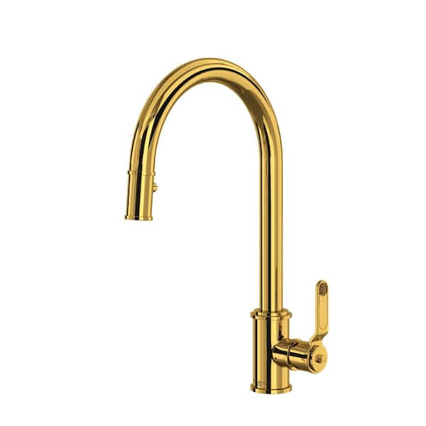 ROHL Armstrong Single Handle Pull Down Sprayer Kitchen Faucet in Unlacquered Brass