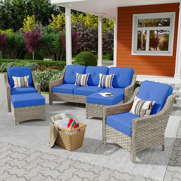 XIZZI Freddie 5-Piece Wicker Outdoor Patio Conversation Seating Sofa Set with Navy Blue Cushions