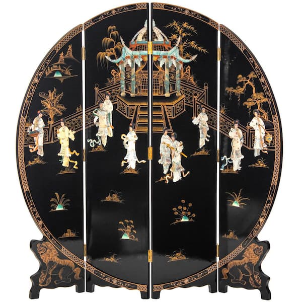 Oriental Furniture 6 ft. Tall Black Lacquer Round Room Divider - Royal Ladies