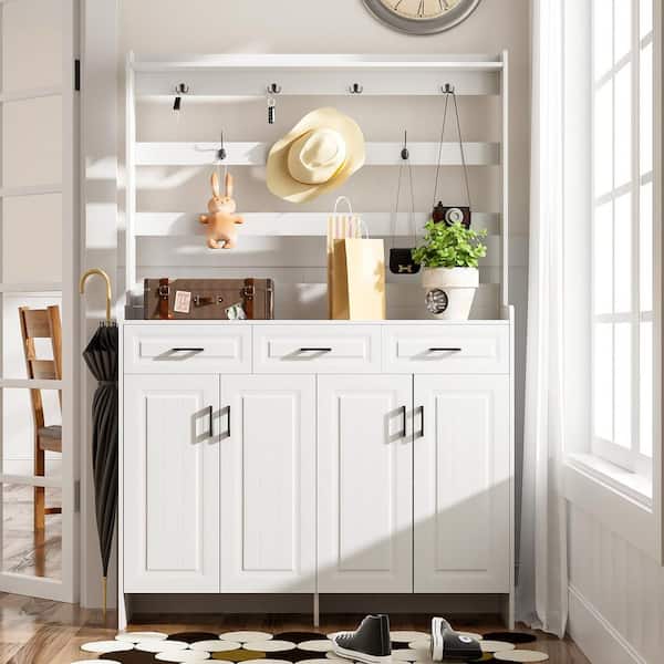 78.7 in. H x 51.2 in. W White Wood Shoe Storage Cabinet with 3 Drawers, 8 Shelves, Metal Hooks and Handles for Hallway