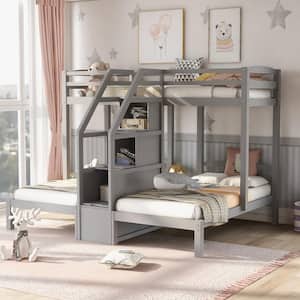 Gray Twin and Twin Bunk Bed with Built-in Staircase and Drawer