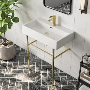 30 in. L White Ceramic Rectangular Console Sink Basin and Legs Combo with Overflow and Brushed Golden Legs