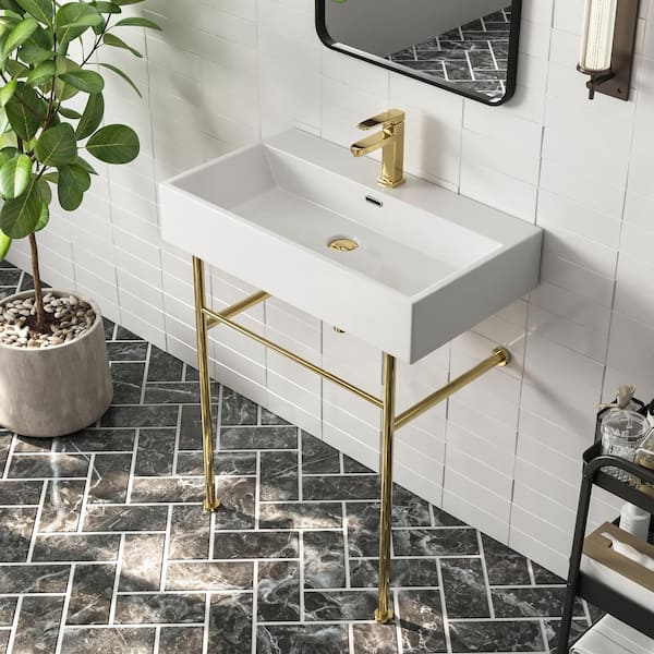 DEERVALLEY 30 in. L White Ceramic Rectangular Console Sink Basin and Legs Combo with Overflow and Brushed Golden Legs
