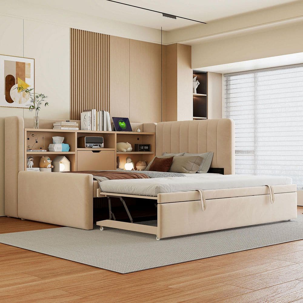 Twin Size Upholstery Daybed with Storage Arms and USB - Beige