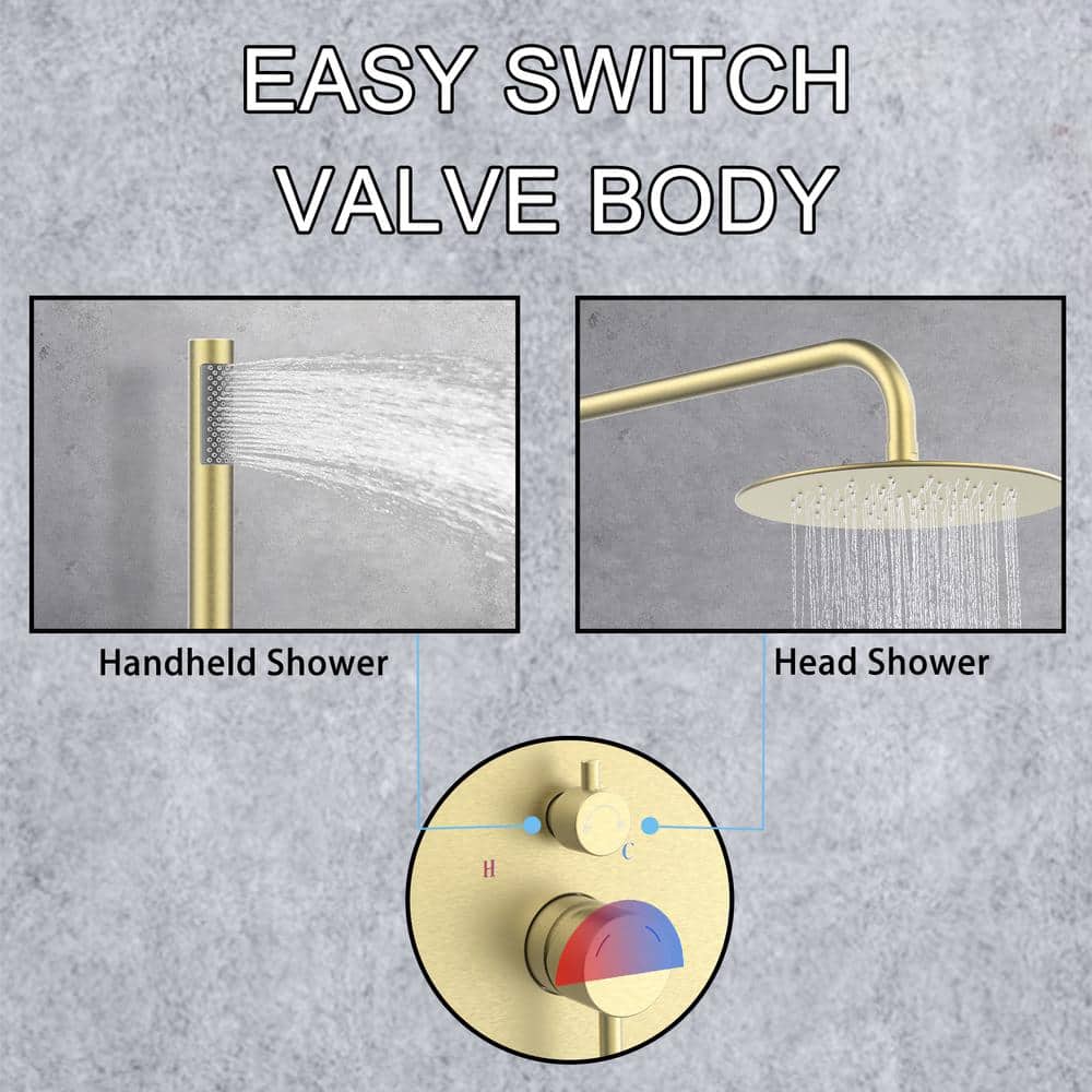 Brushed Gold Brass Rain Shower System with Handheld