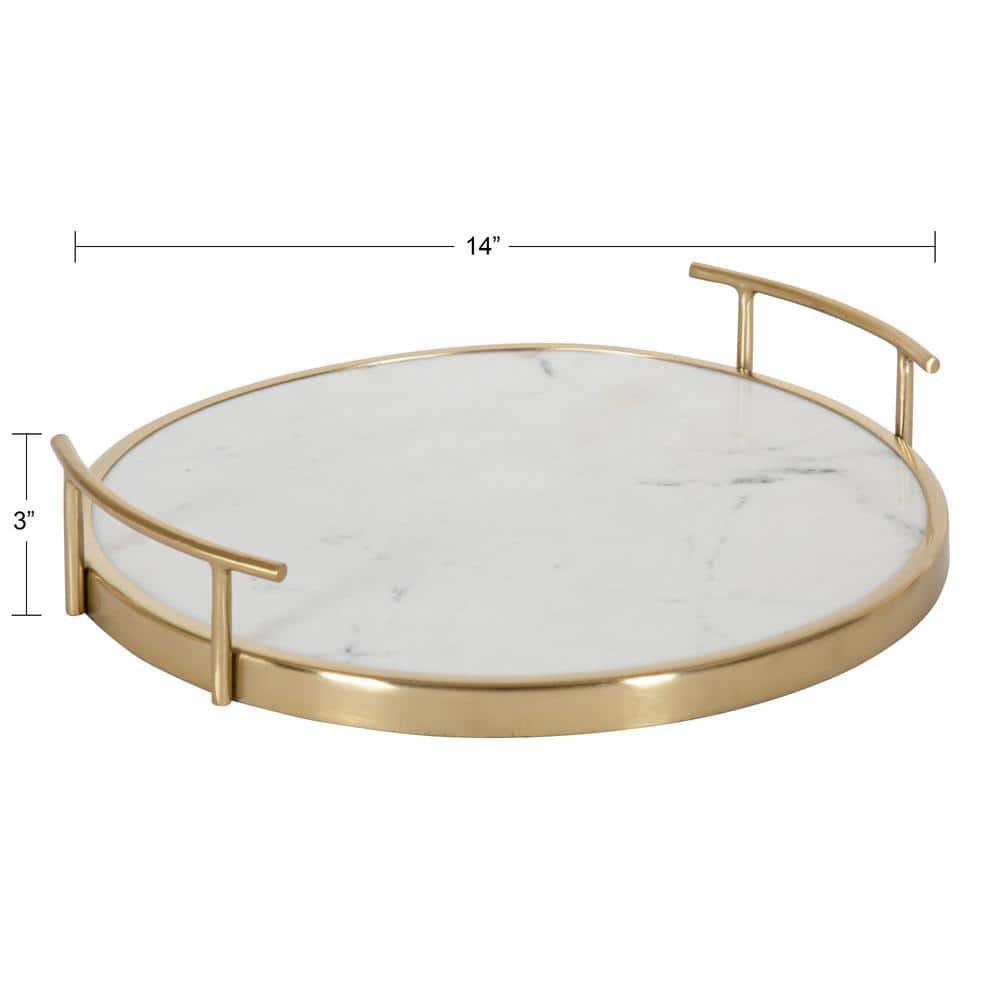 White Marble and Gold Round Metal Tray with Handles