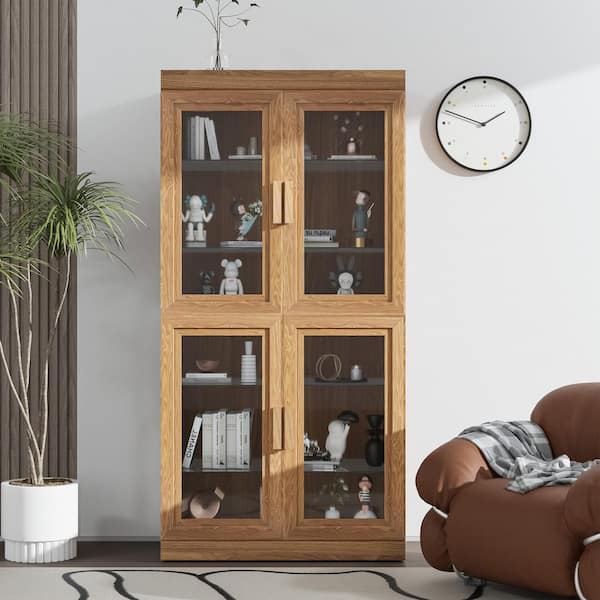 62 in. Tall Natural Wood 4-Shelf Standard Bookcase with Adjustable Shelves, Glass Doors Storage