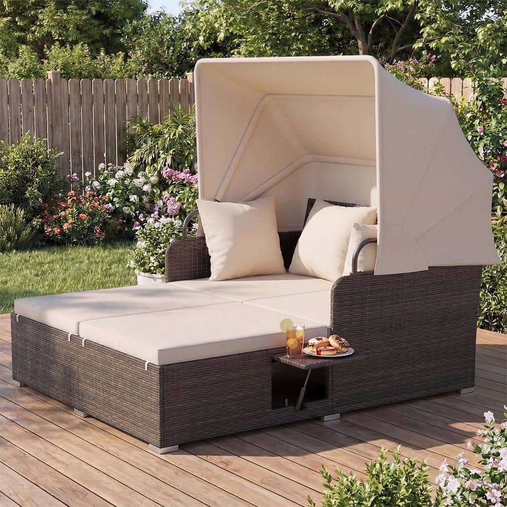 Wicker Outdoor Day Bed with Retractable Canopy PE Rattan Sunbed with Soft Cushions & Pillows 2 Folding Side Trays Beige