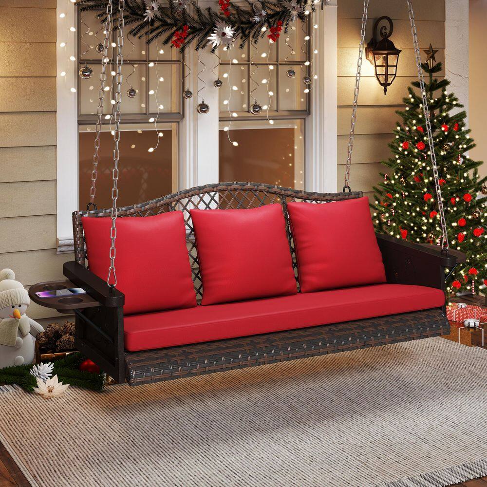 3-Person Brown Wicker Porch Swing with Red Cushions, Woven-Rattan Back price history on PriceWatchPro