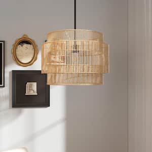 21.6 in. 1-Light Beige Natural Rattan Pendant Light with Black Canopy